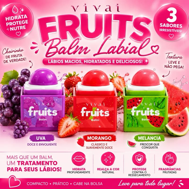 Balm Labial Vivai Fruits Hidratante | Uva, Morango e Melancia | Avulso ou Kit com 3 Sabores