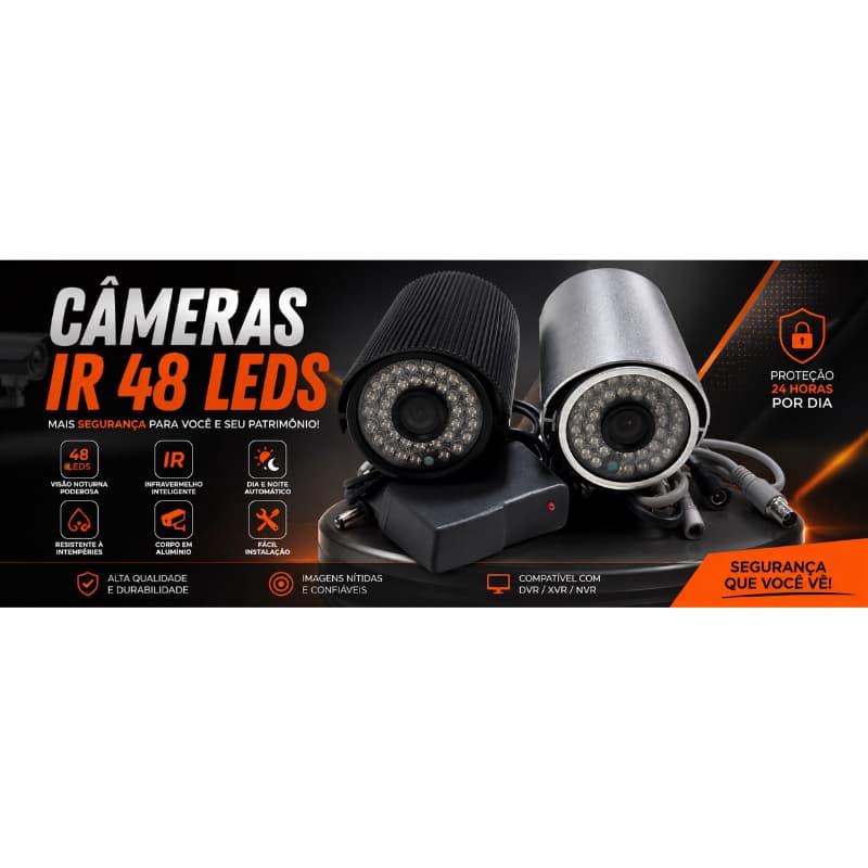 Câmera de Segurança HD CCTV 800TVL Bullet 48 LEDs IR Visão Noturna 25m 12V Externa Compatível DVR