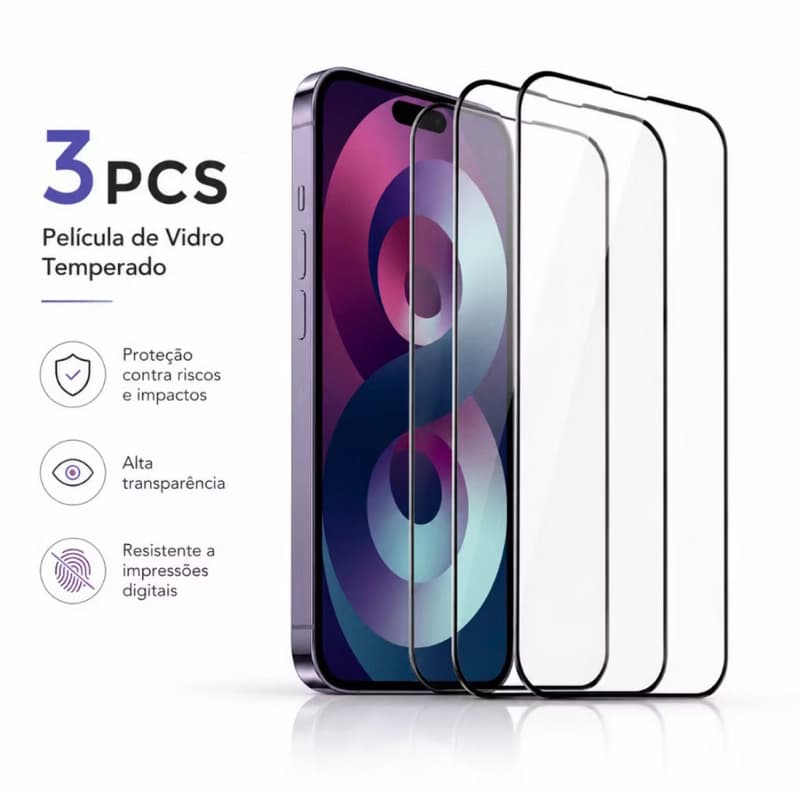 Kit 3 Películas 3D para iPhone 7 Plus e 8 Plus com Proteção de Vidro Temperado 3D