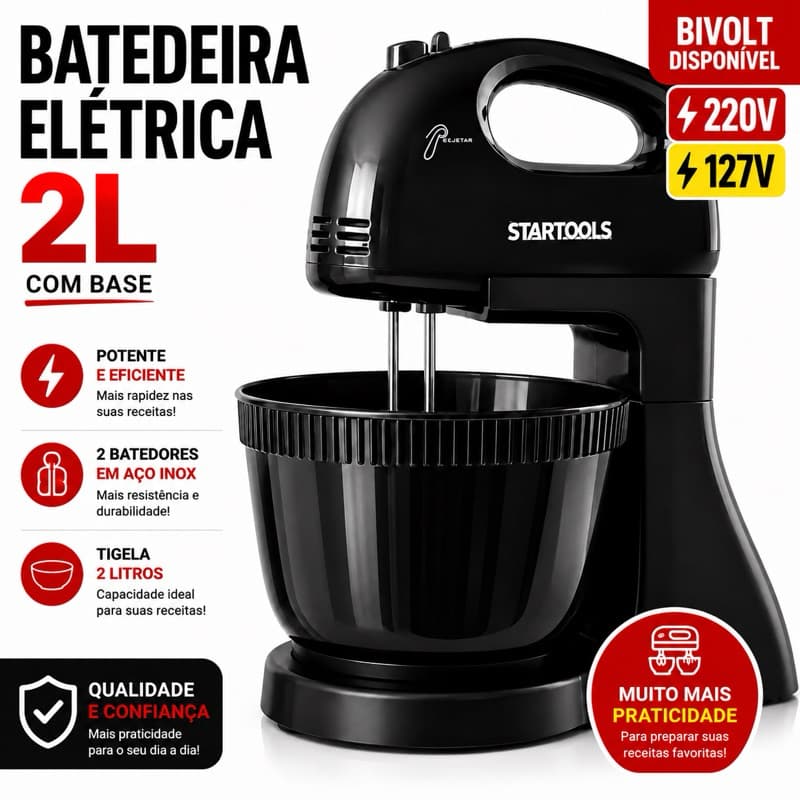 BATEDEIRA ELÉTRICA 220V ou 127v Com Balde 2 Litros Misturador Processador PRETO Entrega Rápida