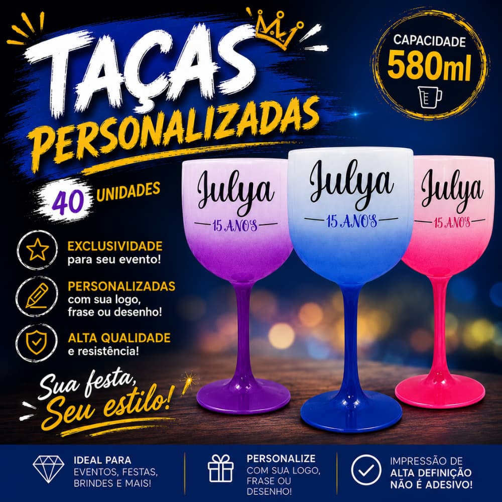 Kit 40 Taças de GIN degradê 580ml para Festas, Eventos, Drinks, Aniversários - Personalizadas