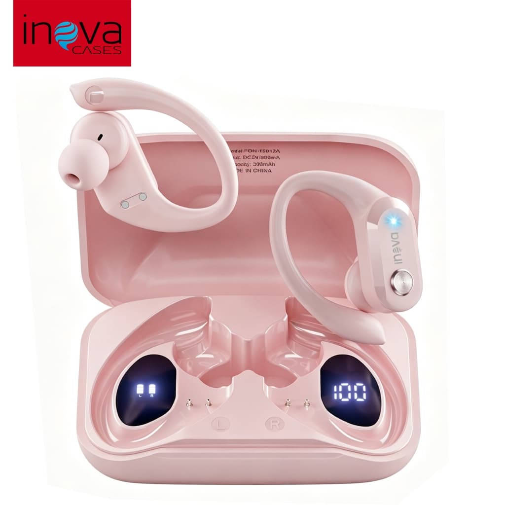 Inova Fone de ouvido Sem Fio Bluetooth Esportivo Design Pendurado Na Orelha Ergonômico Longa Espera Redução Ruído Rosa