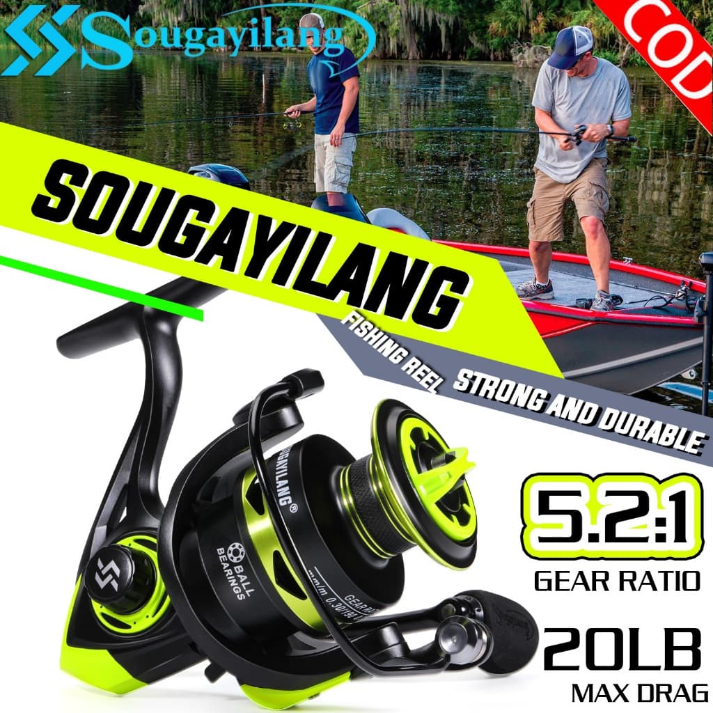 Sougayilang Molinete de Pesca Relação 5.2:1 Drag Máximo 20LB Carretel de Alumínio Resistente para Água Doce e Salgada