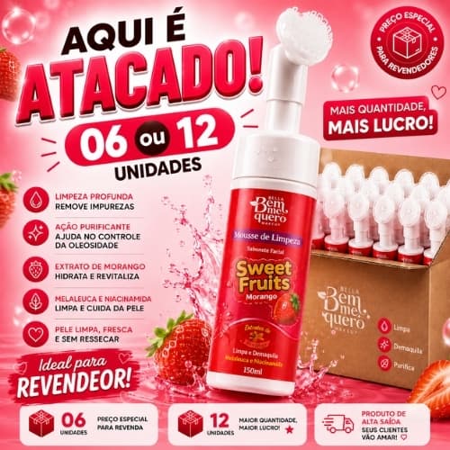 Bem me Quero Revenda Caixa 12 Unidades ou Caixa 06 Unidades Mousse de Limpeza Sabonete Morango