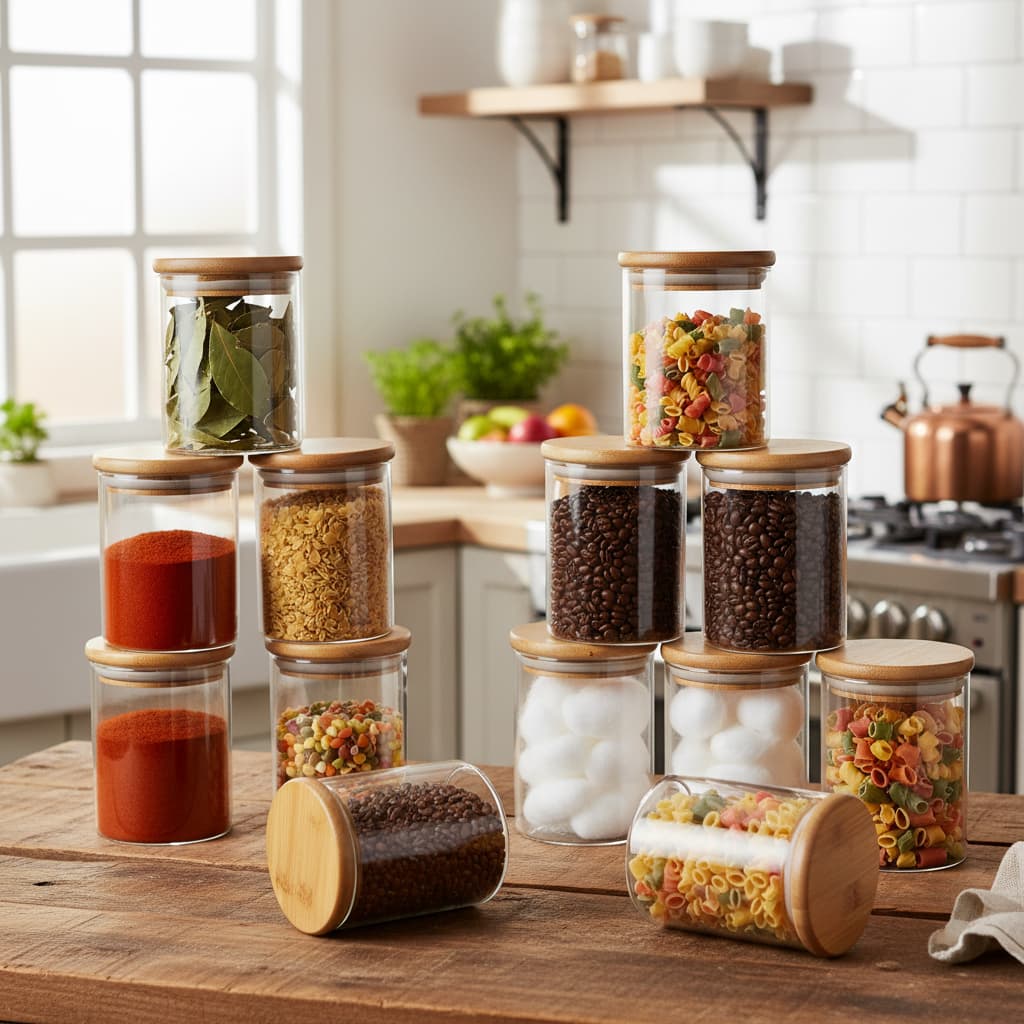 Kit Potes Herméticos de Vidro Borossilicato com Tampa de Bambu para Cozinha