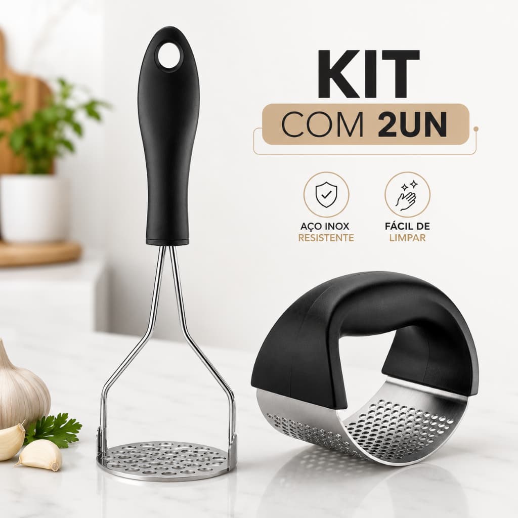 Espremedor de Alho em Inox + Amassador de Batata Utensílios para Cozinha Kit 2 Peças