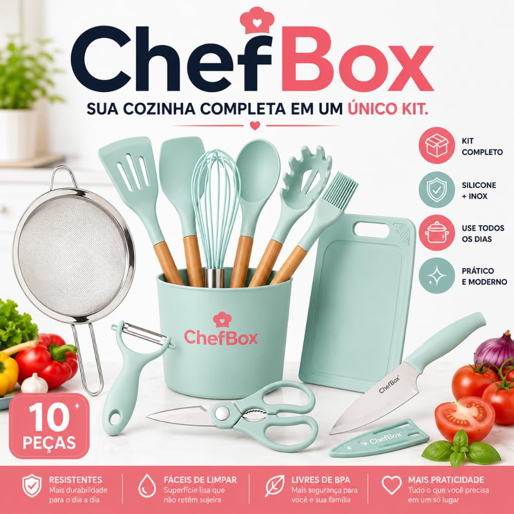 ChefBox® Kit Utensílios de Cozinha 10 Peças Silicone e Inox com Faca Tesoura Tábua Descascador e Peneira