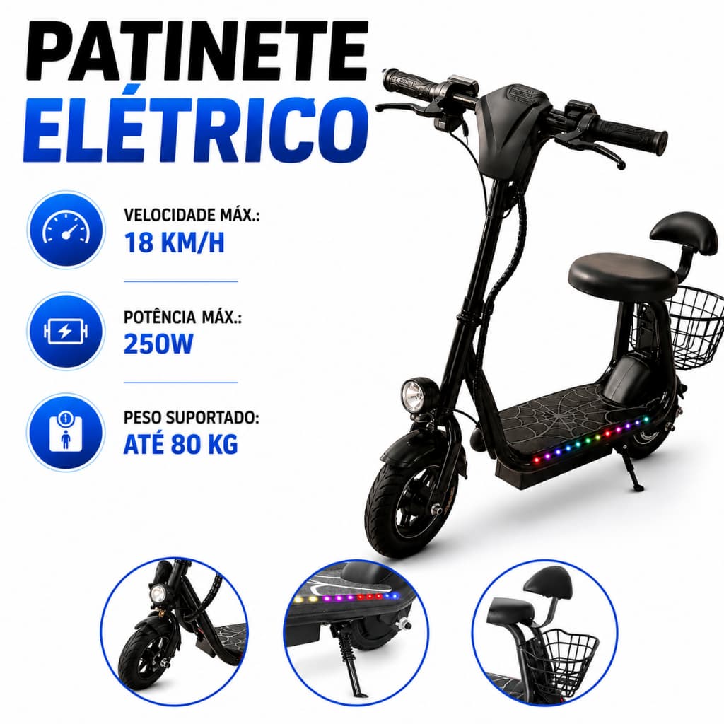 Patinete Elétrico Infantil e Juvenil Spider Aranha 250W LED Até 80kg