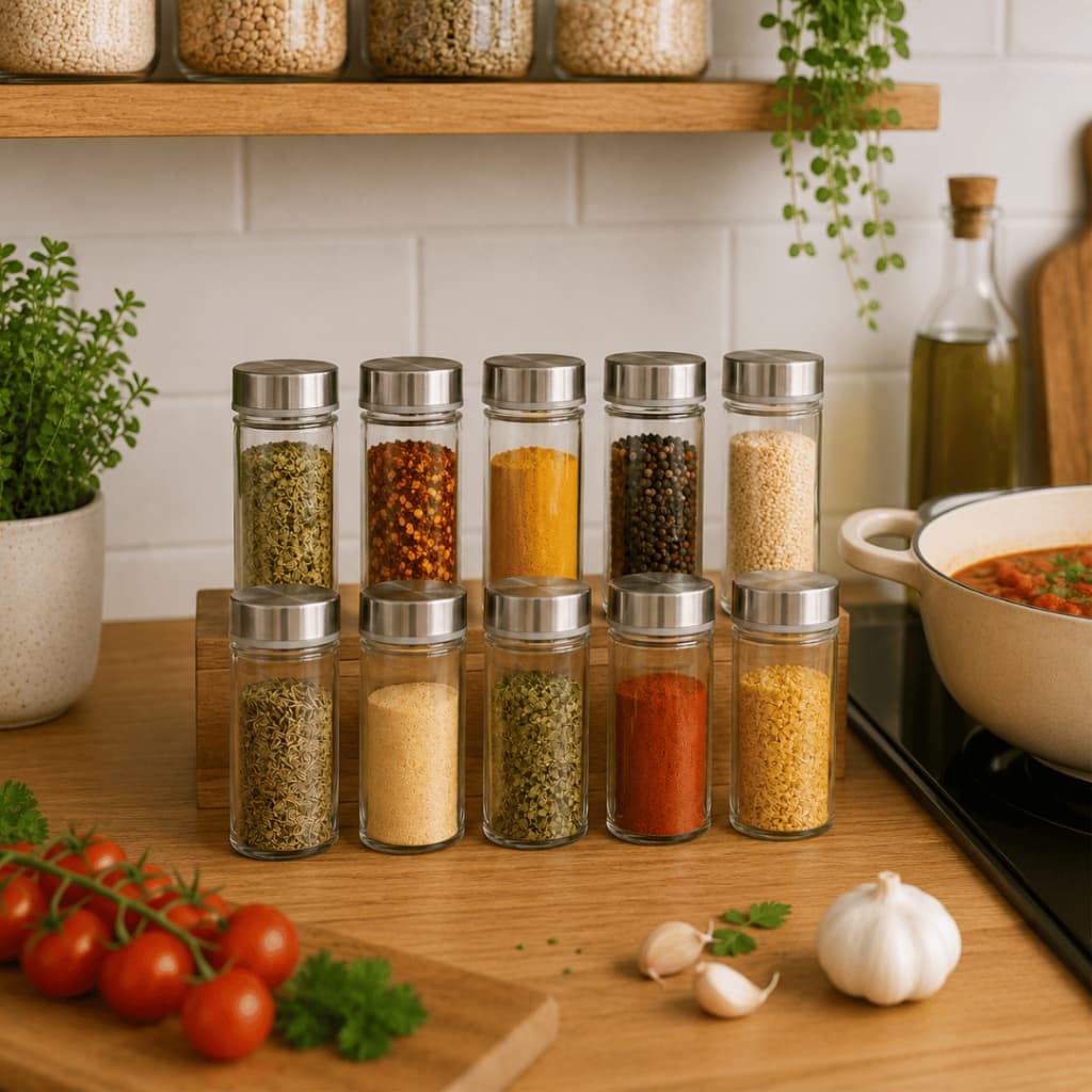 Kit Potes Porta Temperos de Vidro com Tampa Inox Hermética Organizador para Cozinha Premium