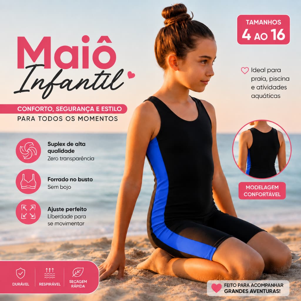 Maiô Infantil Feminino Macaquinho Juvenil Para Natação e Hidroginástica em Suplex Proteção UV50+ do 4 ao 16
