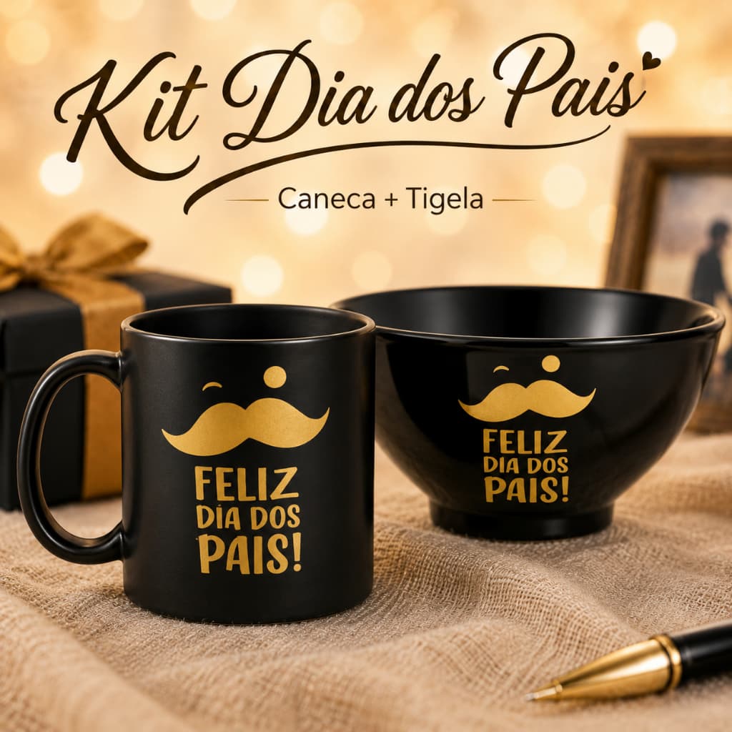 Kit 10 Peças com 5 Canecas Dia dos Pais + 5 Tigelas Pretas Estampadas Presente Meu Herói