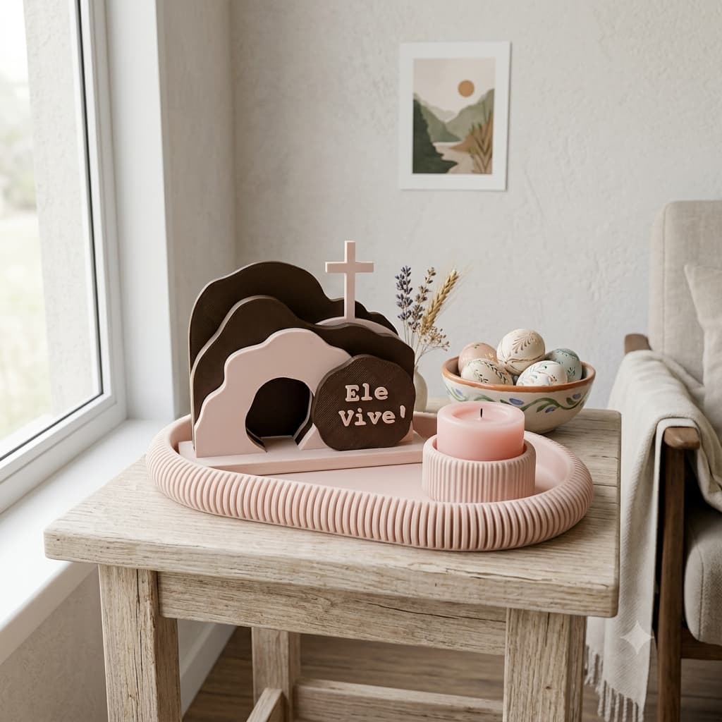 Kit Decoração Religiosa Ressurreição de Cristo Porta Terço com Bandeja e Porta Vela Bege