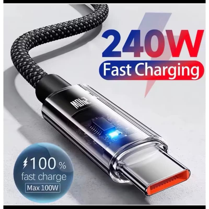 Cabo Turbo Duplo Tipo C 240W Com Chip À Mostra E LED Para Notebook E Celular