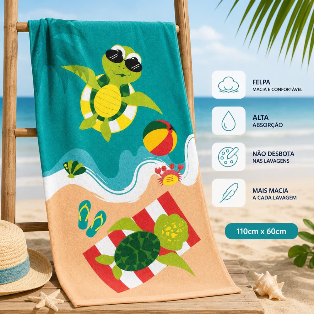 Toalha de Banho Infantil Tartaruga Felpuda 110x60cm Alta Absorção Macia Qualidade Lepper