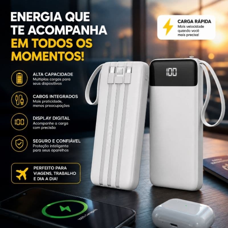 Carregador de Bateria Super Rápido Power Bank 20.000mAh LED Frontal Indicando Percentual Exato de Carga 0% a 100%