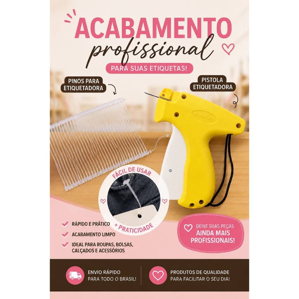 Kit Aplicador de Tags Etiquetadora + 500 ou 1000 Pinos Plásticos p/ Roupas e Tecidos Aplicadora Tag
