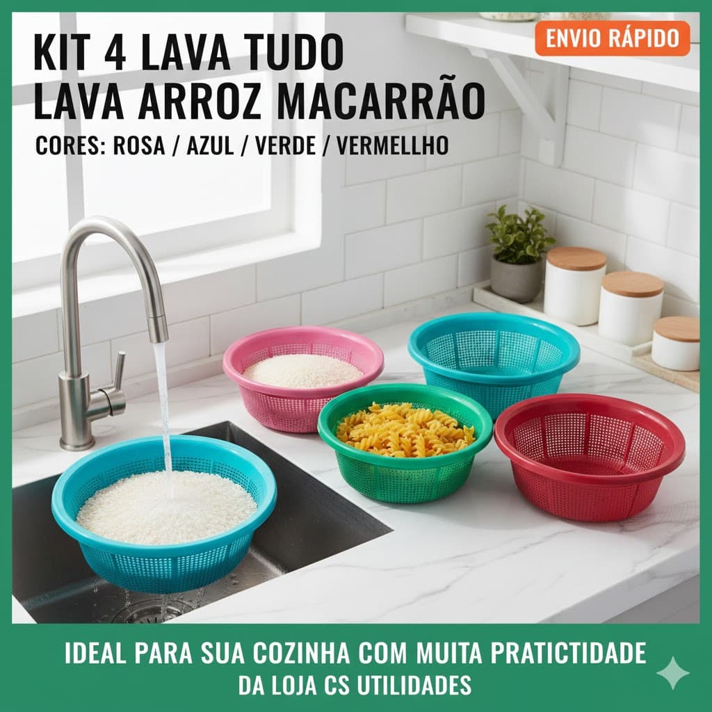 Kit 4 Escorredores Multiuso Lava Tudo Plástico Reforçado Cores Sortidas