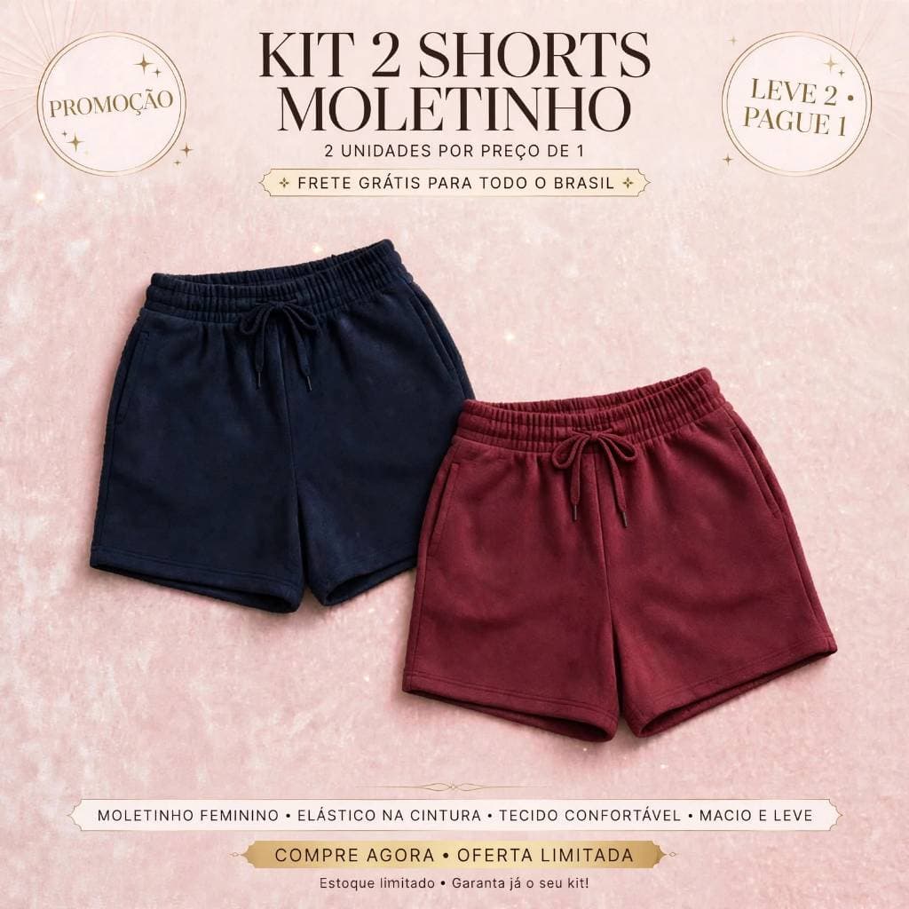 Kit 2 Shorts Feminino Moletinho Moletom Liso Bolso Lateral Elástico Cintura