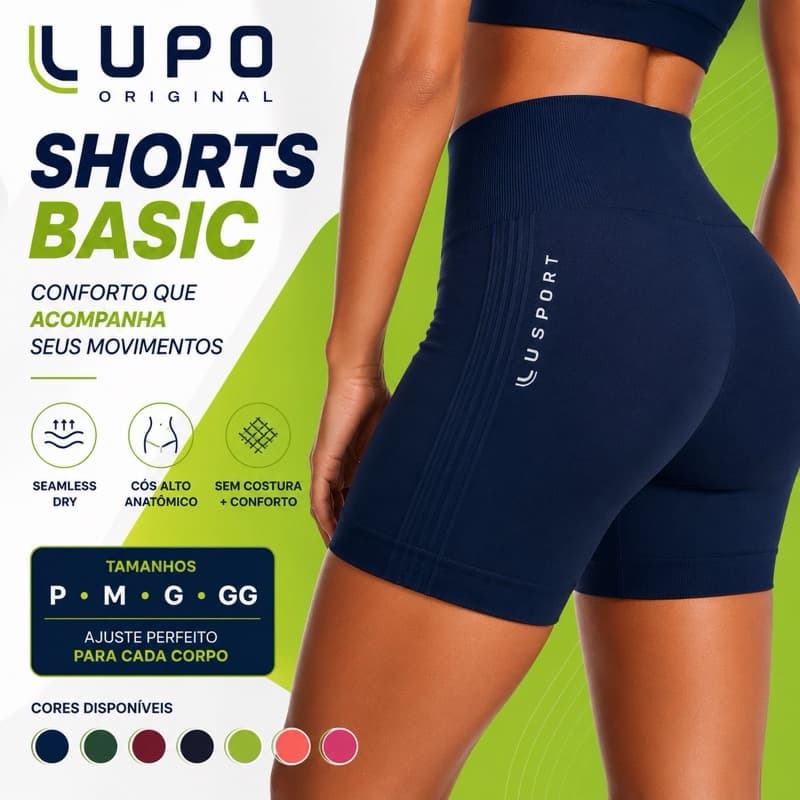 Short Lupo Basic Original Feminino Sem Costura Cós Alto Academia Fitness Treino Corrida Antimicrobiano Seamless Dry
