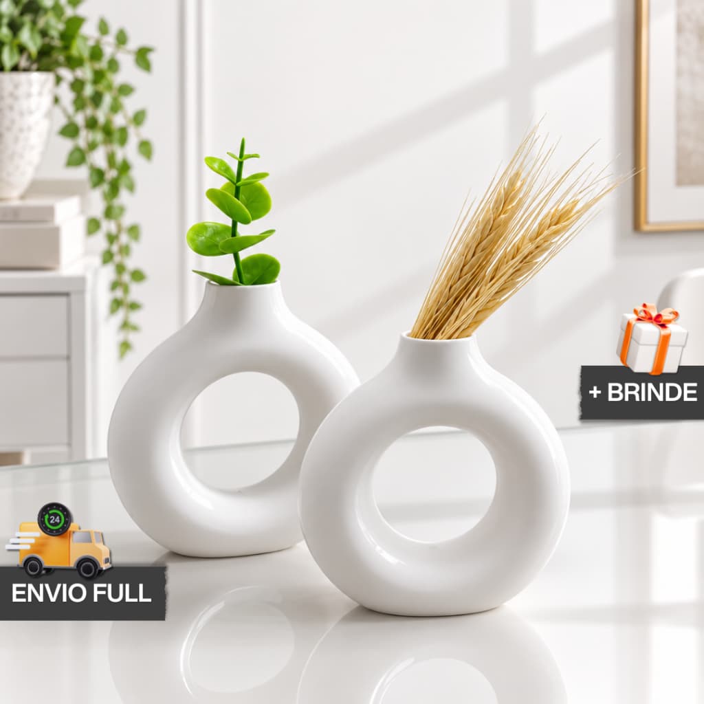 Kit 2 Vasos Decorativos Modernos Circulares COM Planta e Trigo Artificial + Presente Envio Rápido Decoração Minimalista