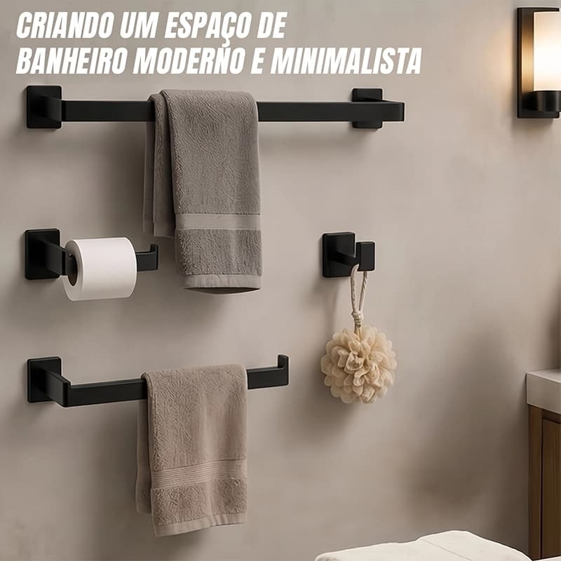 Kit Acessórios Para Banheiro Completo 4 Peças 40/60cm Inox Preto Fosco/Dourado/Prata Brilhante