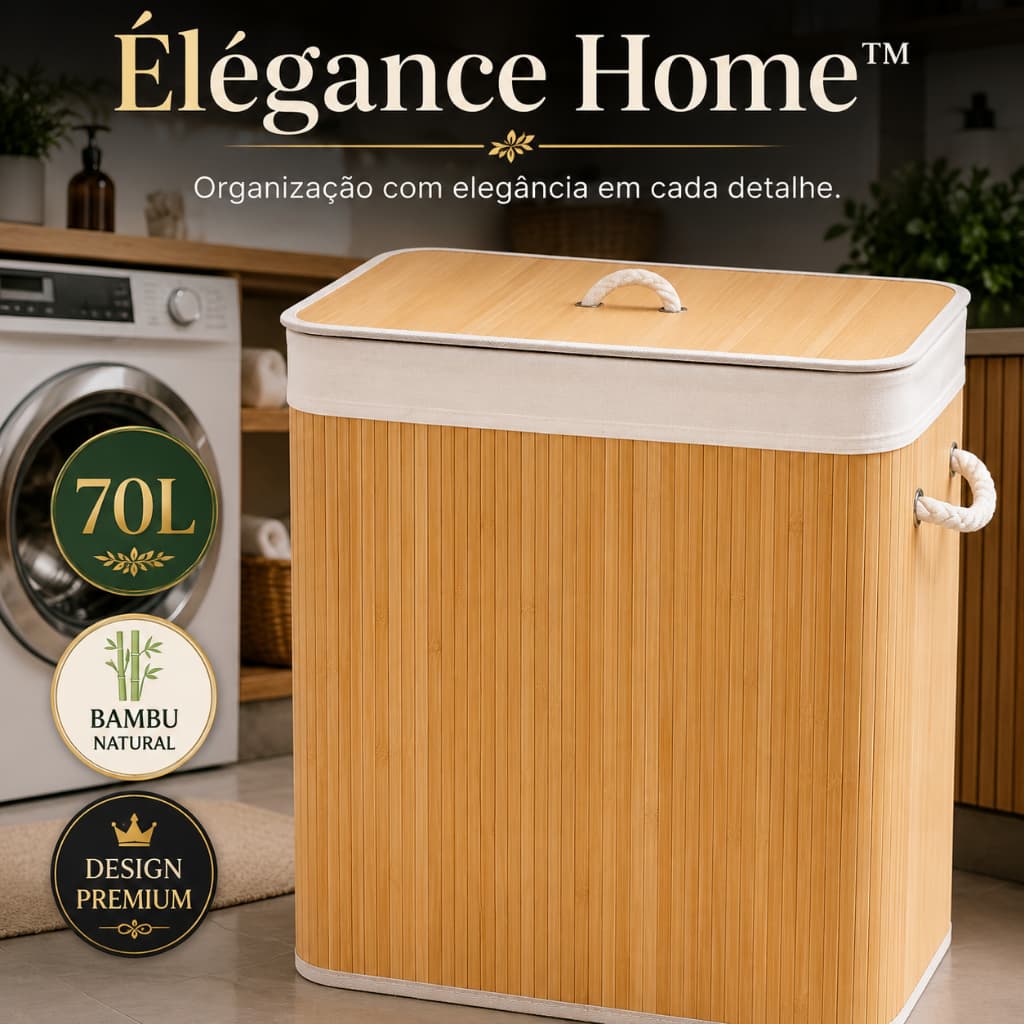 Cesto de Roupa em Bambu 70L com Tampa e Alças Organizador Dobrável para Lavanderia Banheiro Quarto Decoração