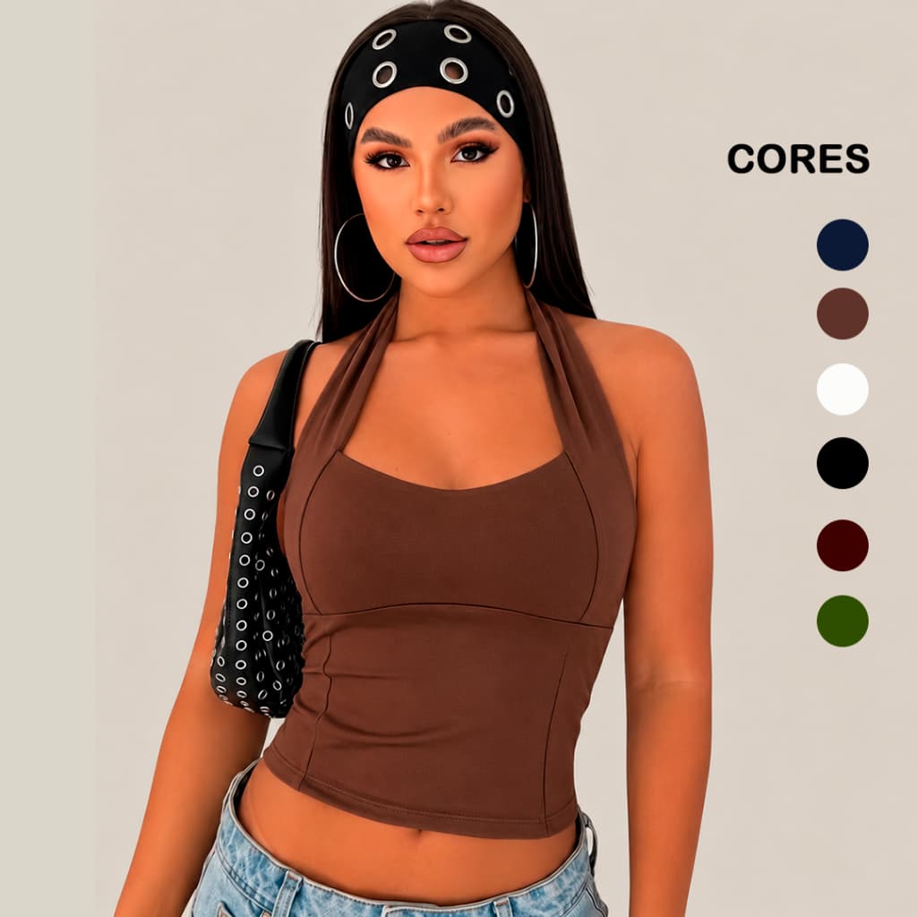 Blusa Feminina Antonella Top Halter Moda Gringa Verão Frente Única Alta Compressão e Sustentação Tendência 2026