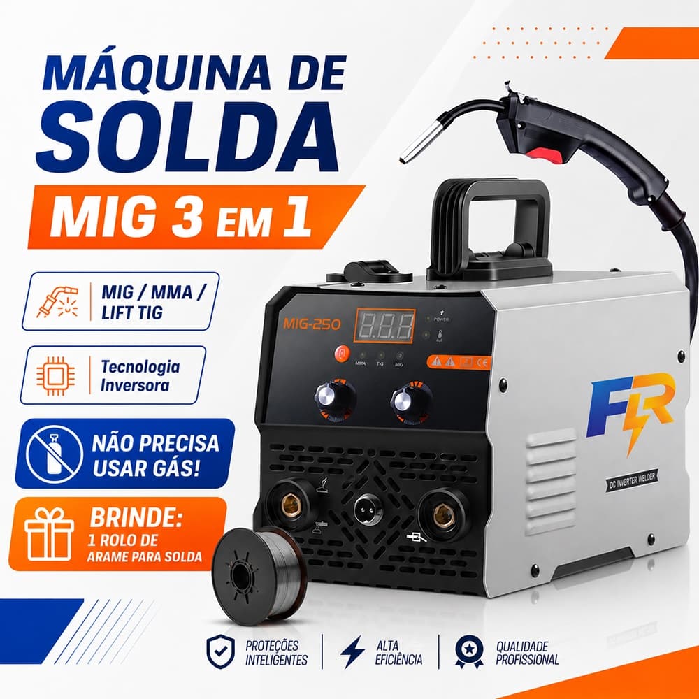 Máquina de Solda MIG-250 Inversora IGBT Sem Gás MMA TIG 3 em 1 Portátil (110V ou 220V)