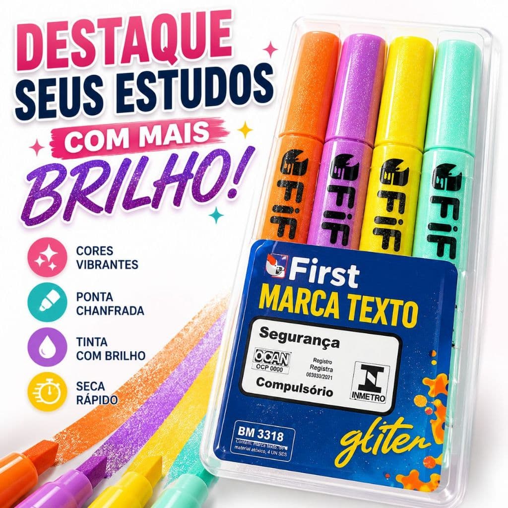 Marca Texto Glitter Kit 4 Cores Pastel First BM3118 Canetas Marca Texto Escolar Escritório