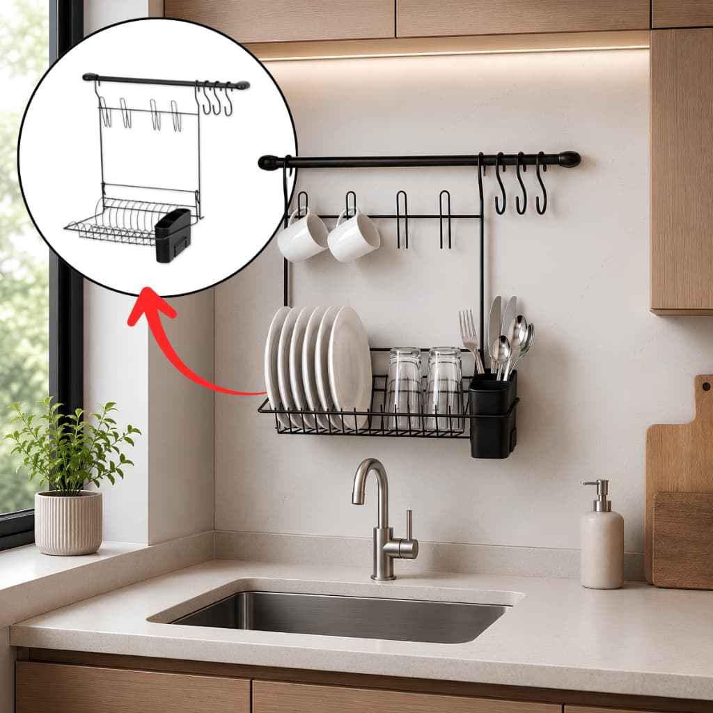Escorredor De Pratos Copos Parede Cook Home 8 Arthi Original Black Organizador Cozinha Aço