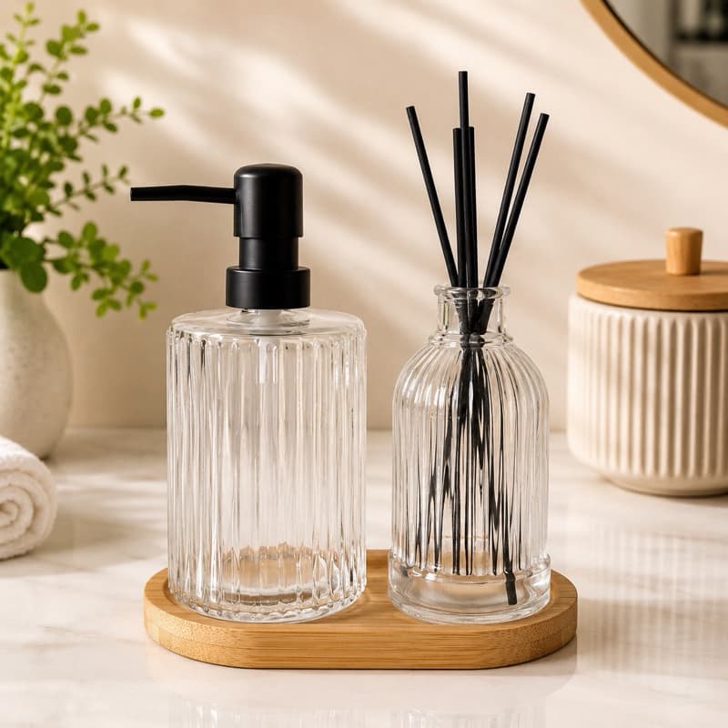 Kit Banheiro Lavabo Porta Sabonete e Difusor LYOR com bandeja de bambu