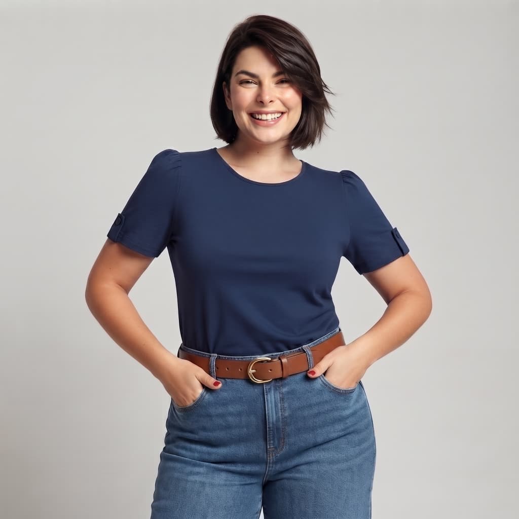Blusa Feminina Manga Curta Azul Marinho Detalhe Botão na Manga Gola Redonda Elegante Casual Chic