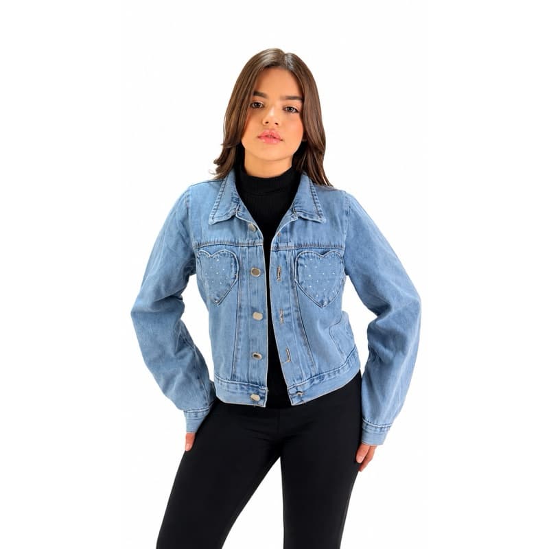 Jaqueta jeans infanto-juvenil meninas bolso de coração com brilho