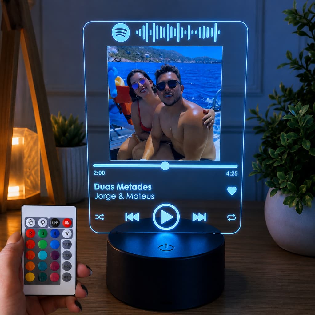 Porta Retrato Spotify Luminária Personalizada Casal Namorados Foto RGB com Controle