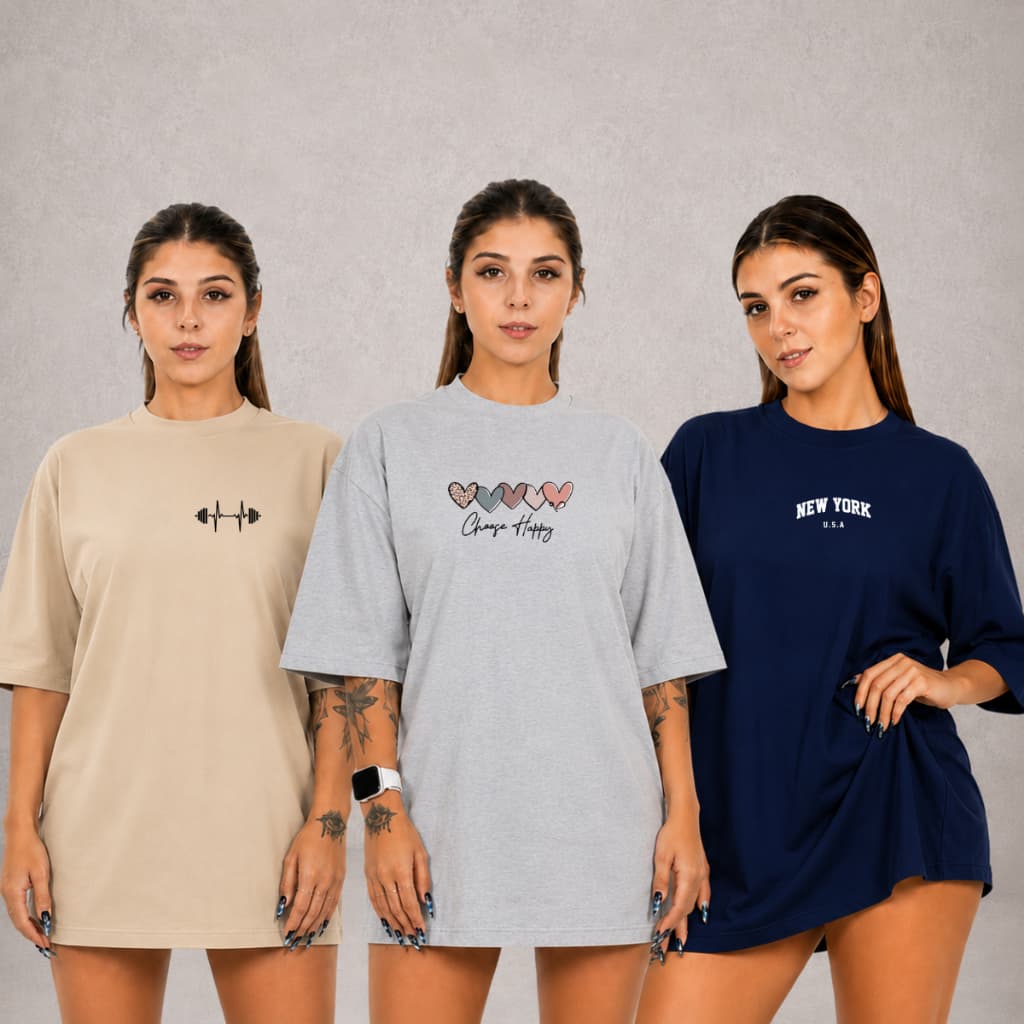 Kit 3 T-Shirt Feminina Plus Estanpado Ktf14 Size P ao G5 Algodão Gola Redonda Camiseta Básica Modelagem Soltinha