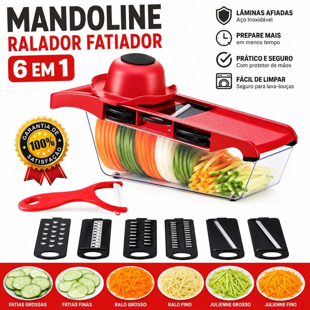 Mandoline Cortador Fatiador Ralador Legumes 6 Em 1 Aço Inox Com Coletor