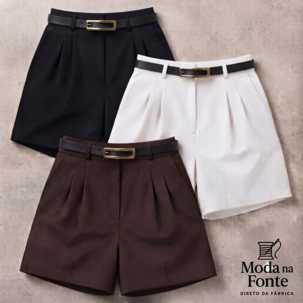 Shorts Alfaiataria Feminino Social com Cinto Cintura Alta com Bolso e Ziper Lateral