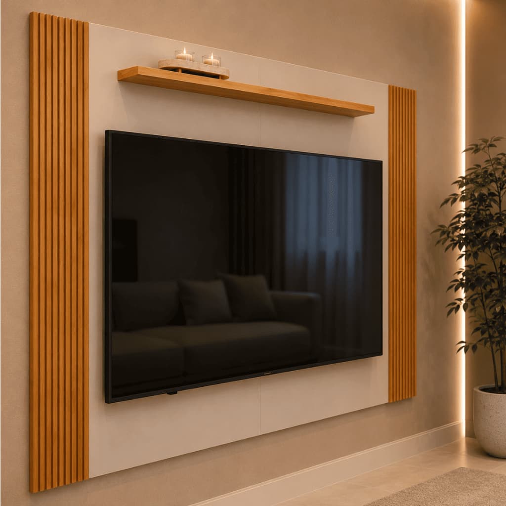 Painel Tv até 60 Polegadas Home Theater Suspenso Ripado Canelado Prateleira Suporte Cedro Casa Dee