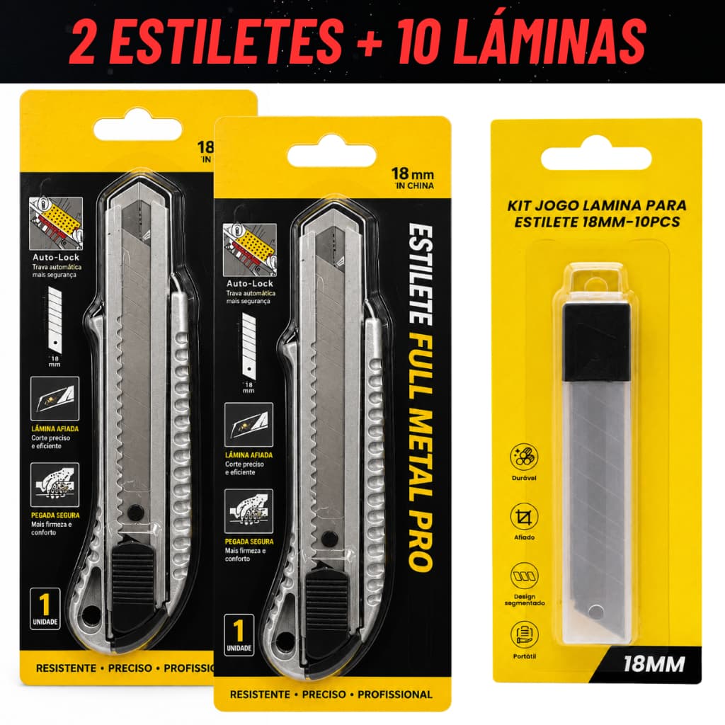 Estilete Profissional Aço de Metal Robusto 18mm + 10 Lâminas (com ou sem) Escolha - Estilete Forte