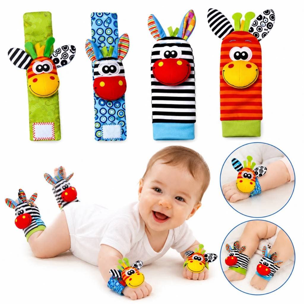 Kit 4 Meias e Pulseiras Chocalho Sensorial Bebê Animais Pelúcia Brinquedo Educativo Infantil