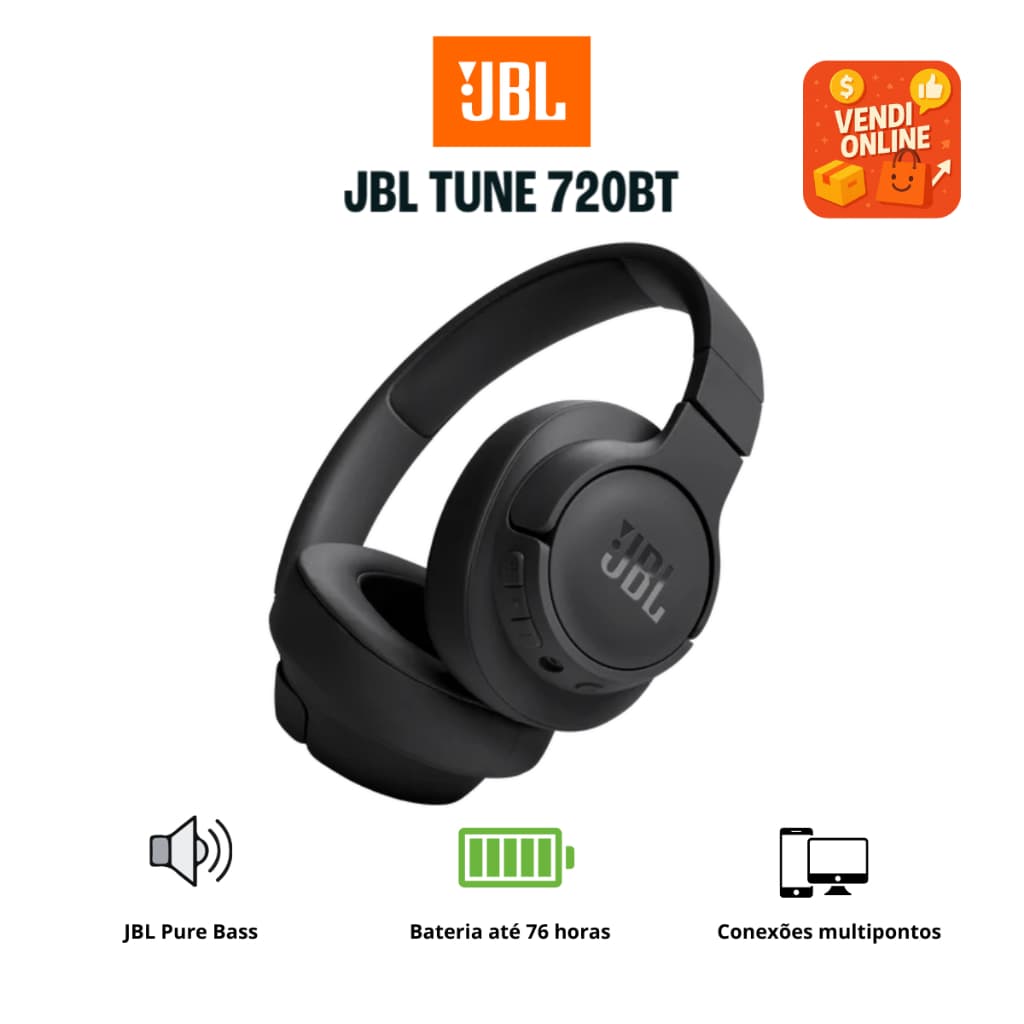 Fone Bluetooth JBL Tune 720BT Sem Fio Pure Bass 76h Bateria Bluetooth 5.3 Dobrável