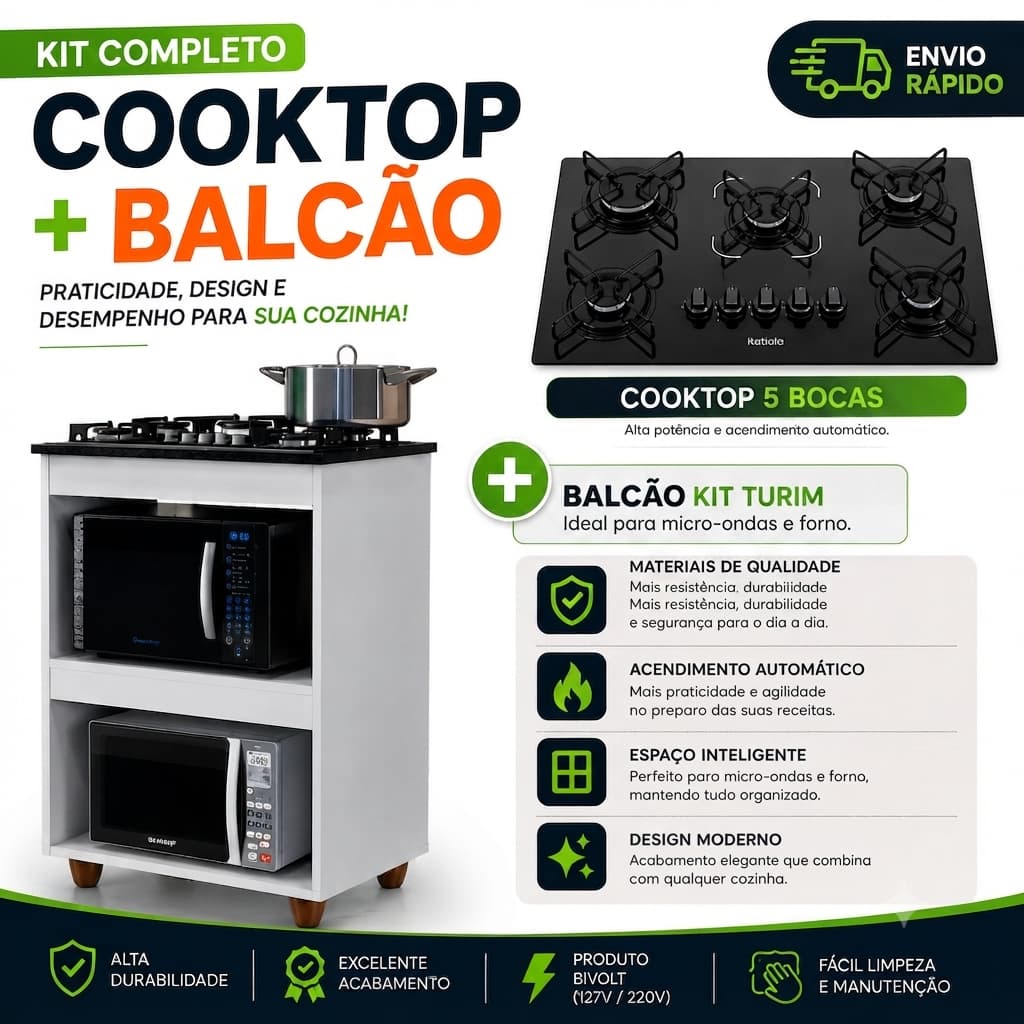 Kit Cooktop Itatiaia Essencial 5 Bocas Vidro Temperado Preto + Balcão Turim Cozinha