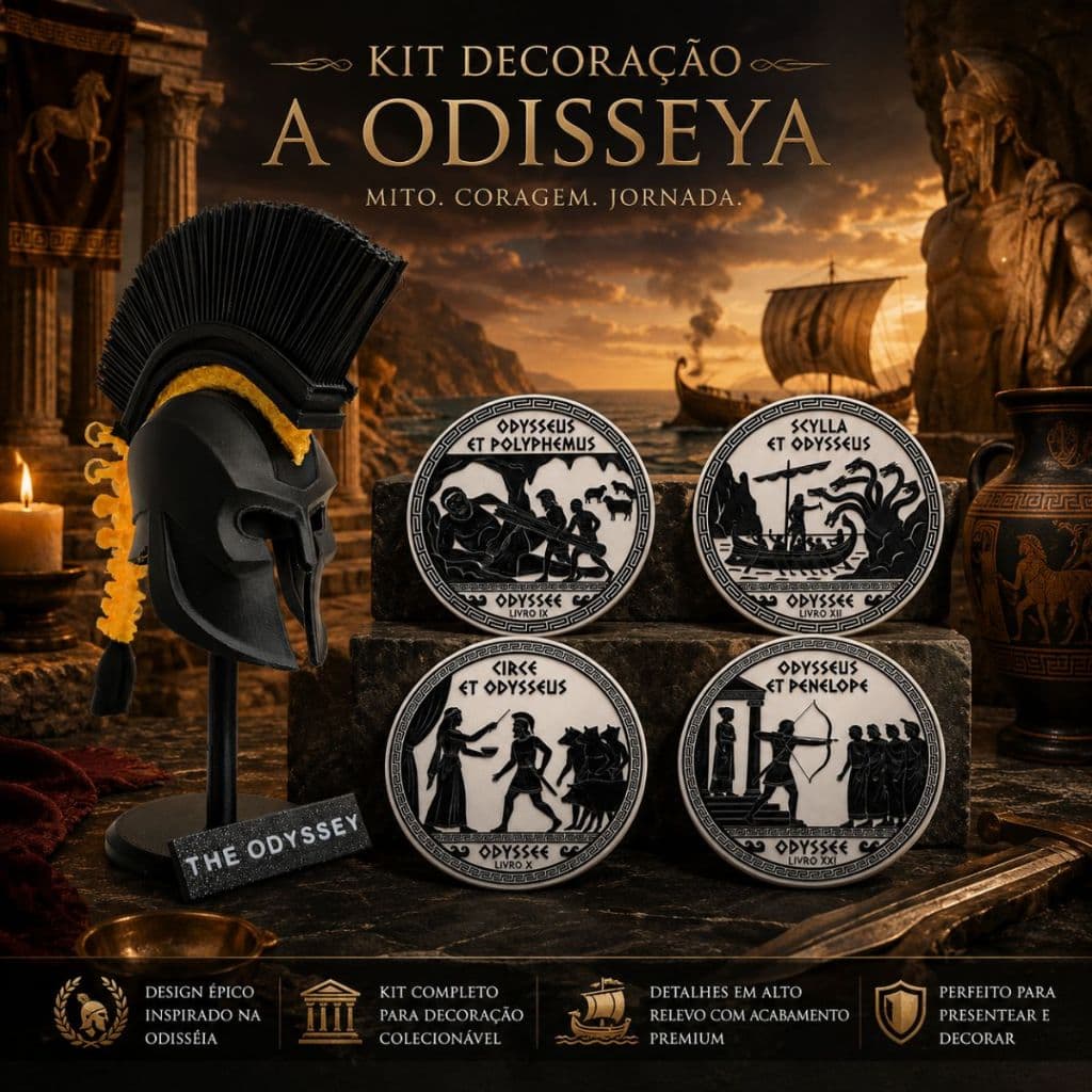 ⚔️ Kit Decoração A Odisseya – Elmo de Agamenon + Porta-Copos Colecionáveis