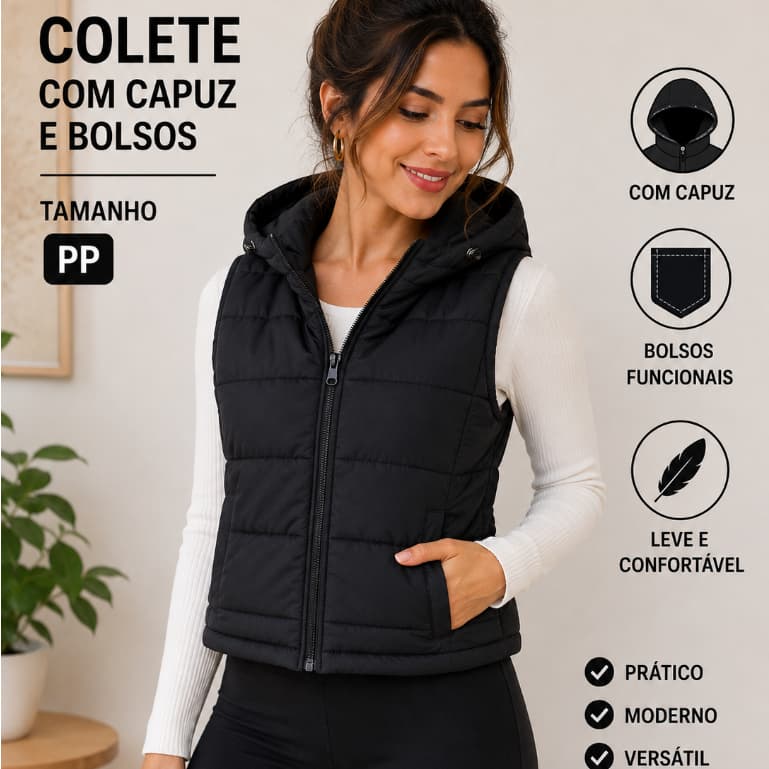 Colete Acolchoado com capuz e bolsos - Petite PP 34/blusa feminina de frio/moda gringa/casaco agasalho/sem mangas/malha