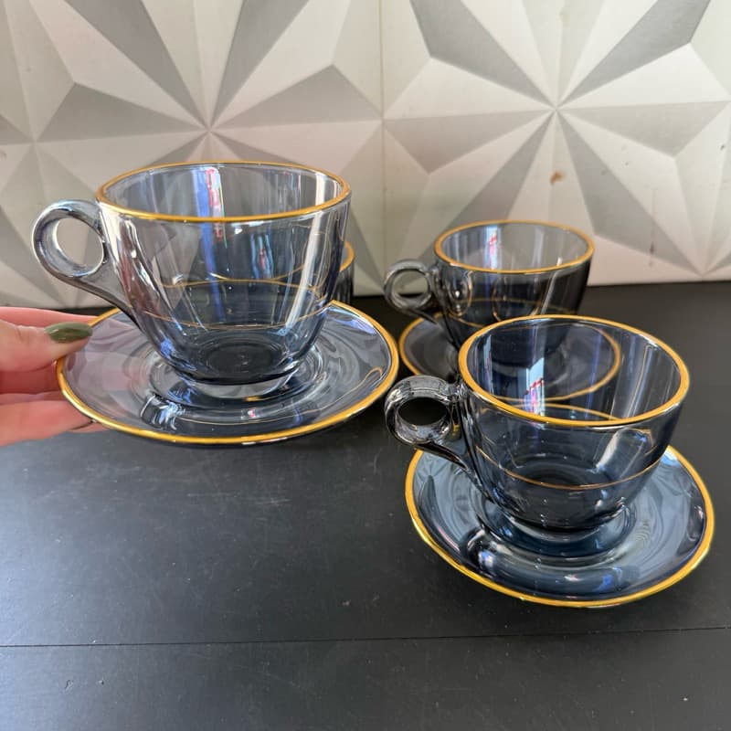 Jogo de xícara de chá preta com fio de ouro 8 peças 4 xícaras 4 pires kit conjunto com dourado cantinho do café caneca