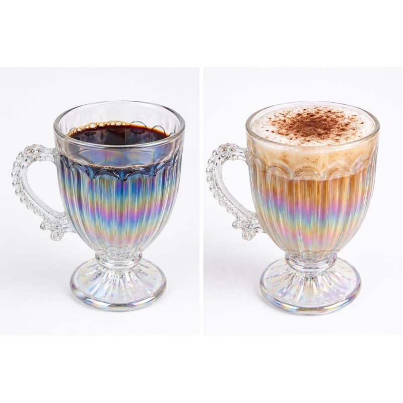Xícara de Vidro Furta-Cor com Alça e Pé | Caneca Holográfica para Café, Cappuccino e Chá