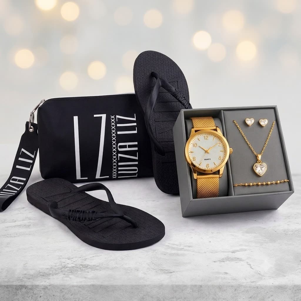 Kit Chinelo + Necessaire + Relógio + Colar e Brincos Dourados Presente Luxo