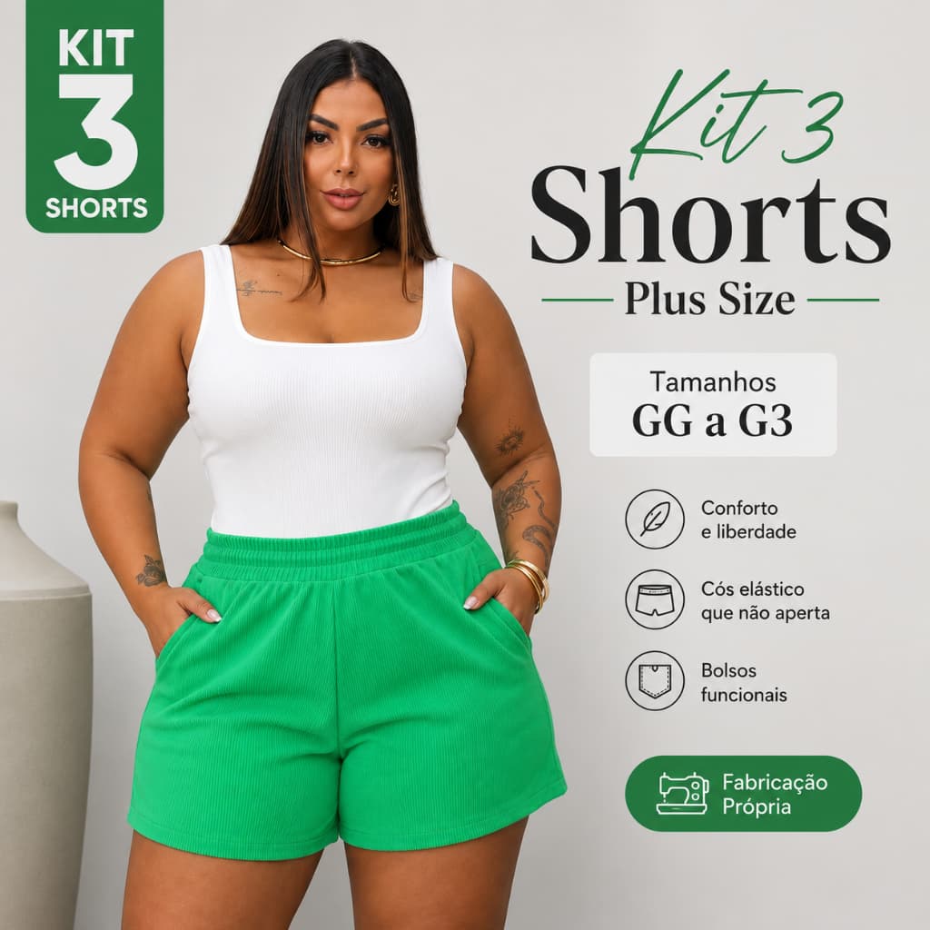 Kit 3 Shorts Plus Size Feminino Cintura Alta Malha Confortável Cós com Elástico Casual GG ao G3