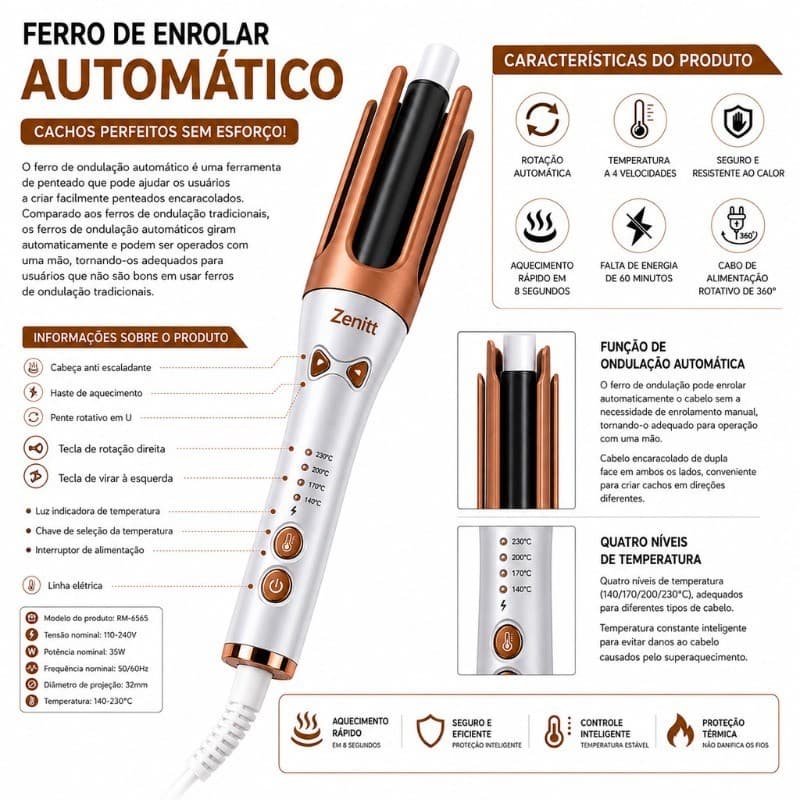 Zenitt Modelador de Cachos Automático Giratório 110V/220V Cacheador Profissional Aquecimento Rápido