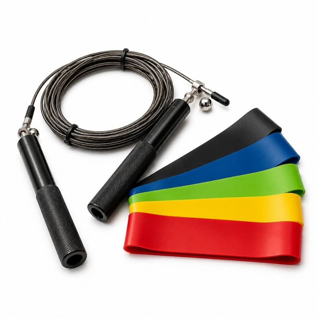 5 Faixas Elásticas mini band + Corda de Pular de Aço Ajustável 3M - Cardio, Resistência e Tonificação- Treino em Casa